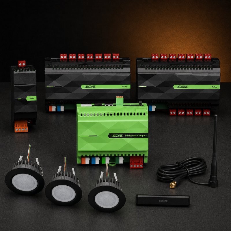 Material del pack Comfortek Loxone Medium: Power Supply 4,2A, Miniserver Compact, Antena Air, 2 Relay Extension, 3 detectores de presencia Tree, 1 contacto de puerta Air